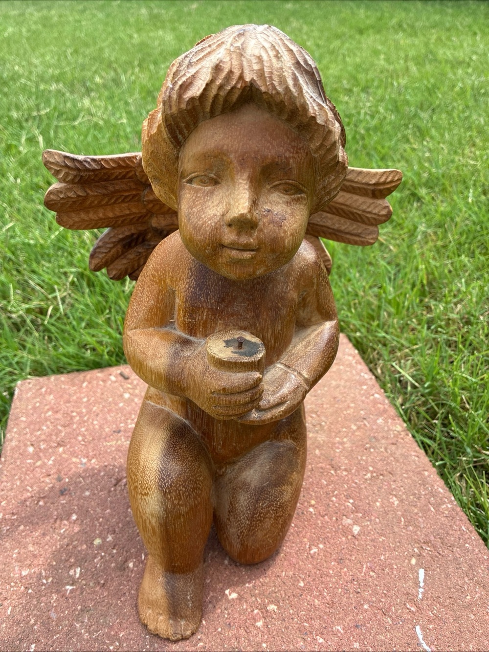 Hand carved solid wood Angel cherub kneeling 10.5 inch amazing!